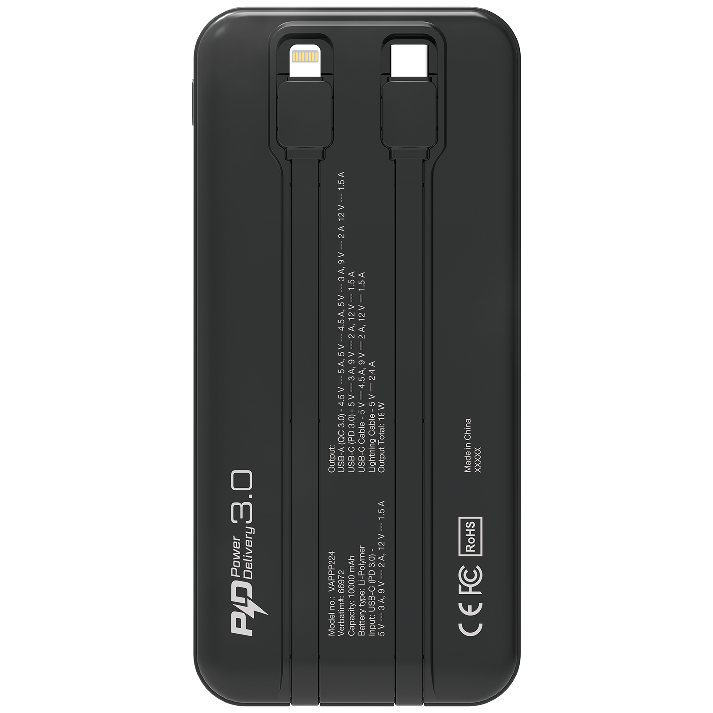 10000mAh PD 3.0 和 QC 3.0 流動充電池 (連嵌入式充電線) 66972